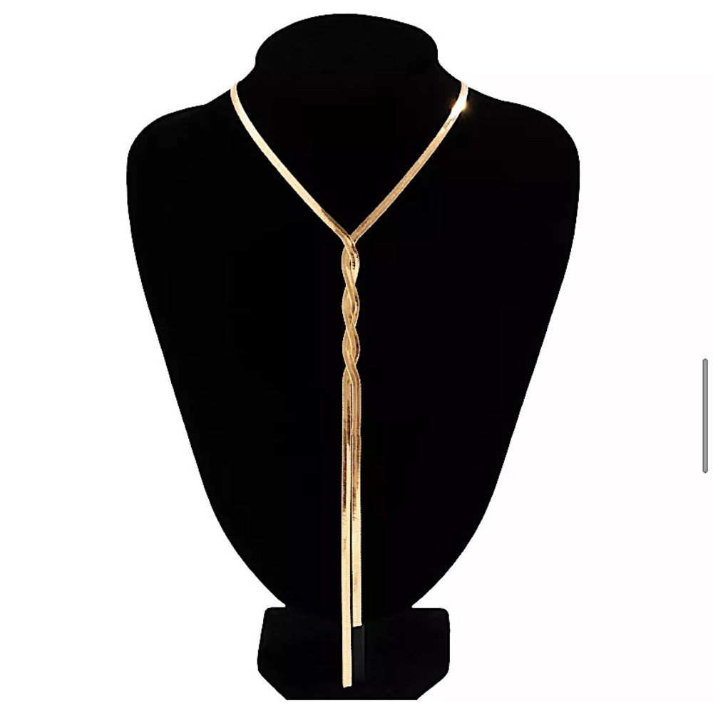 Y Lariat Gold Plated Snake Herringbone Twisted Tassel Necklace